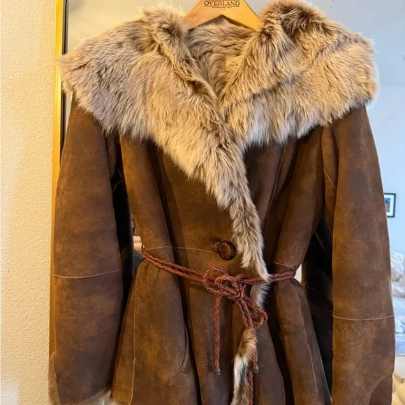 Overland Natasha Hooded Toscana Sheepskin Brown Leather and Fur Coat Small - Picture 7 of 11
